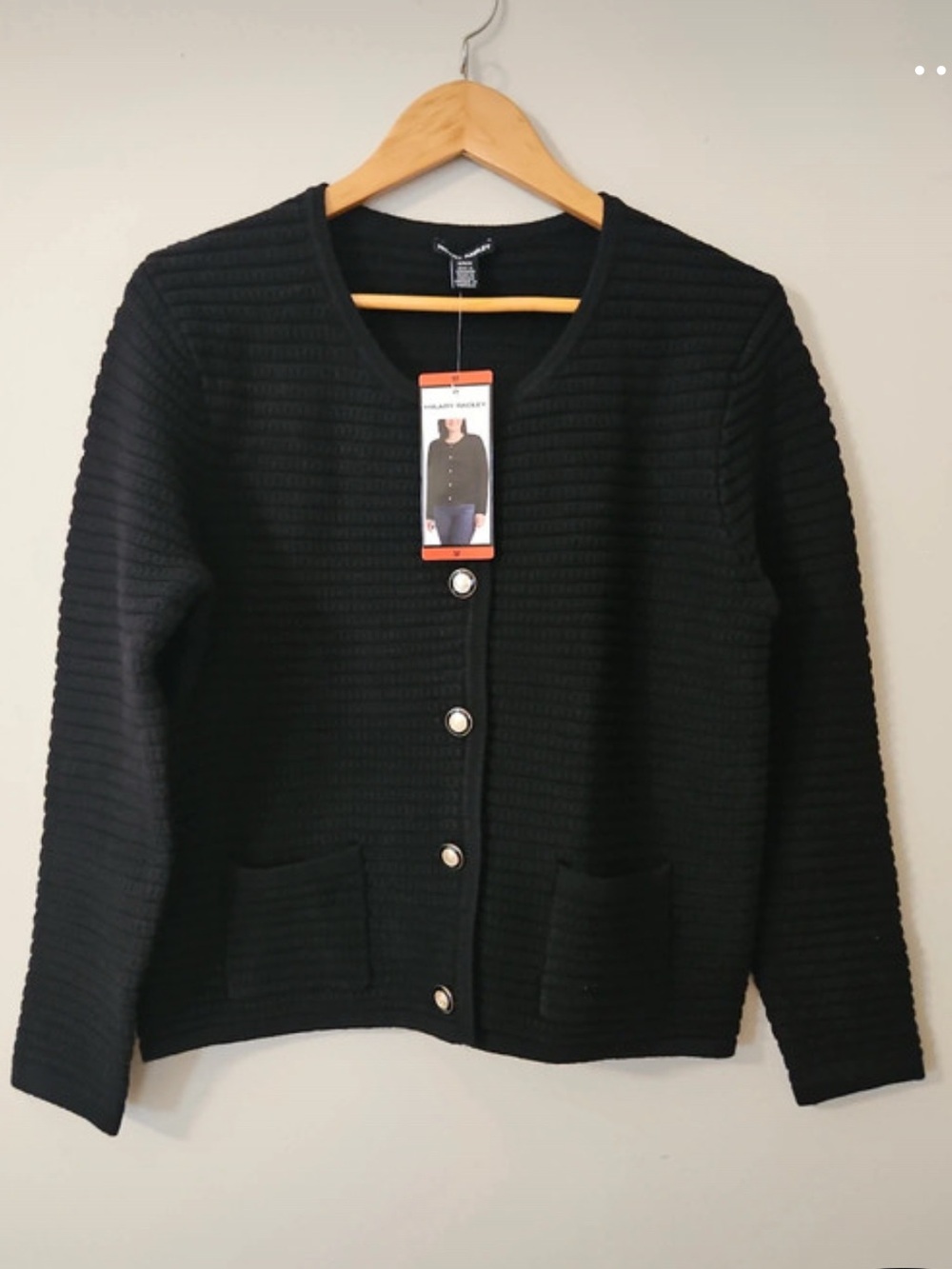 Hilary Radley Black Ribbed Button-Front Cardigan